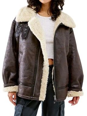 BDG Ella Women’s Chocolate Faux Leather and Faux Shearling Aviator Jacket